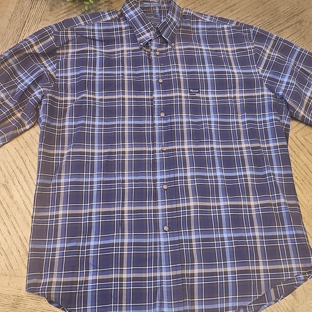 Faconnable Blue and White Plaid Button-Down Shirt XL